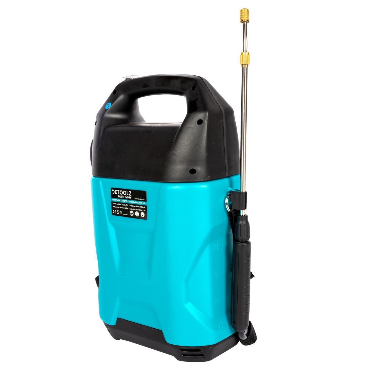 Pulverizator gradina, pompa de stropit, vermorel, Detoolz, electric, pentru spate, cu acumulator 2 Ah, 5 L