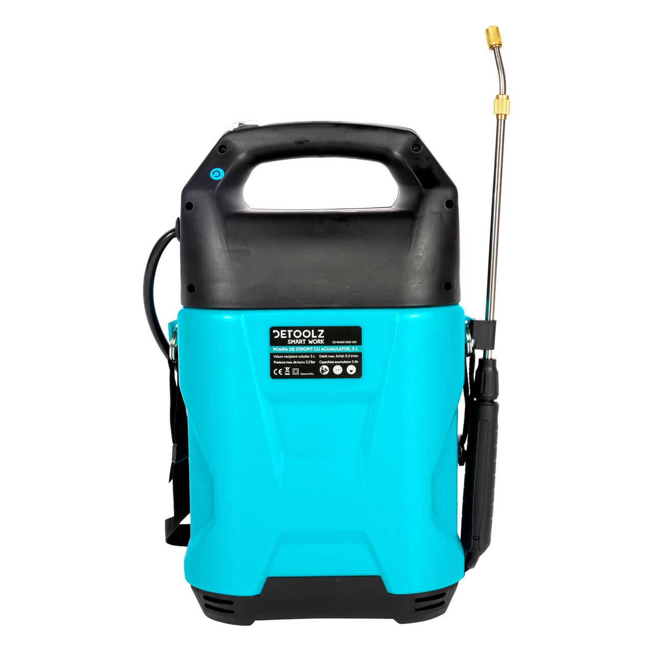 Pulverizator gradina, pompa de stropit, vermorel, Detoolz, electric, pentru spate, cu acumulator 2 Ah, 5 L