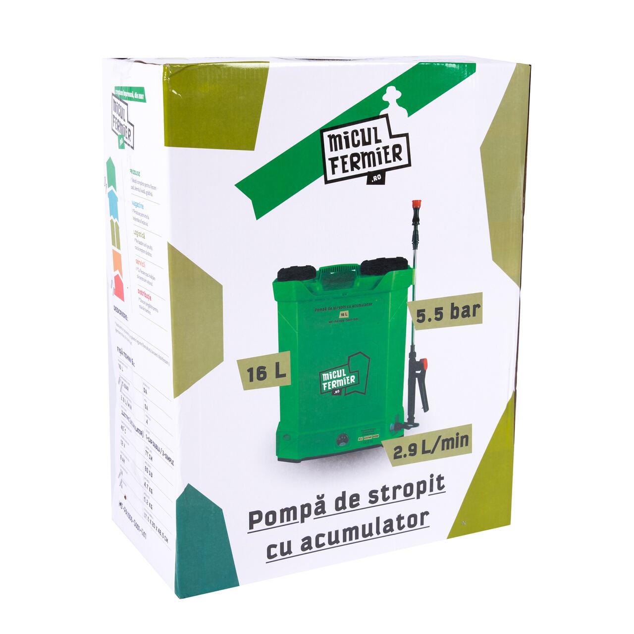 Pulverizator gradina, pompa de stropit, vermorel, Micul Fermier, electric, pentru spate, cu acumulator 8 Ah, 16 L