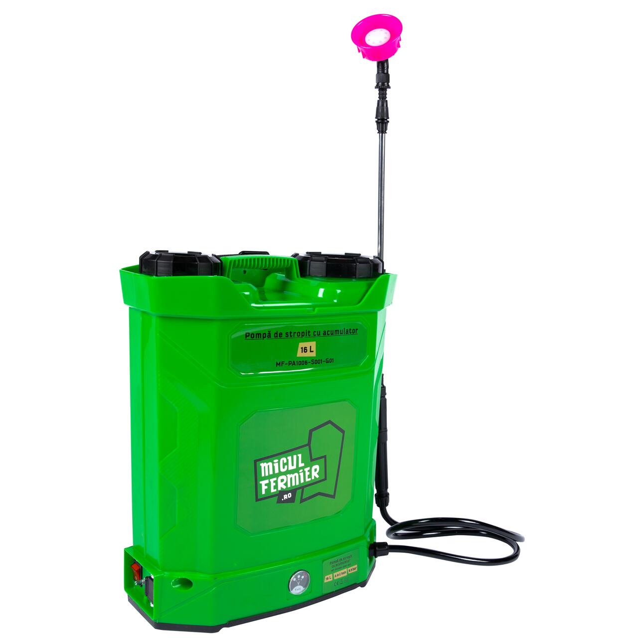 Pulverizator gradina, pompa de stropit, vermorel, Micul Fermier, electric, pentru spate, cu acumulator 8 Ah, 16 L