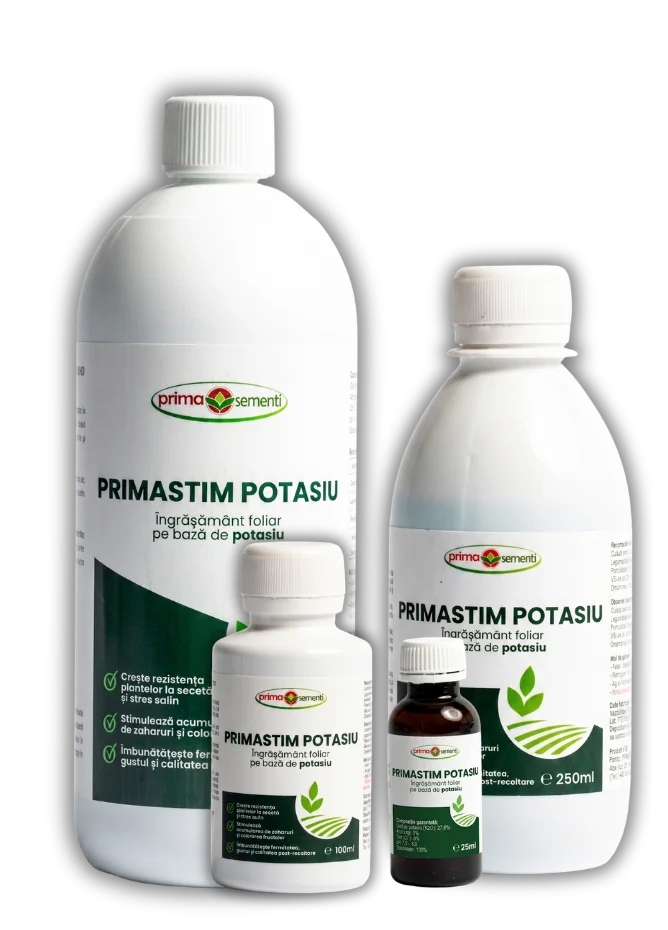 Primastim Potasiu – Îngrășământ Foliar K₂O 27,6% Fără Azot, Fără Clor – Fructificare, Maturare, Colorare – Prima Sementi