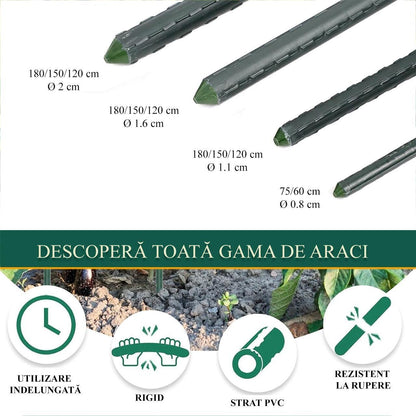 Set 25 araci/suport pentru rosii, castraveti, fasole, metal + PVC, verde, 150x1.8 cm, Artool