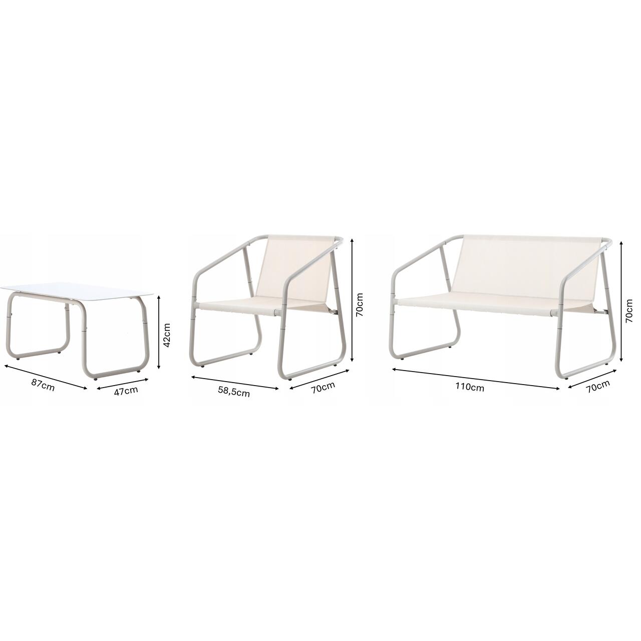 Set mobilier gradina/terasa, bej, otel, textil, 1 masa, 2 scaune, 1 canapea, Soffi