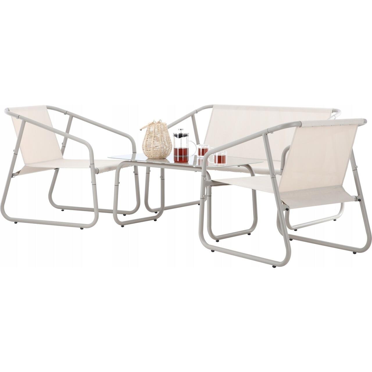 Set mobilier gradina/terasa, bej, otel, textil, 1 masa, 2 scaune, 1 canapea, Soffi