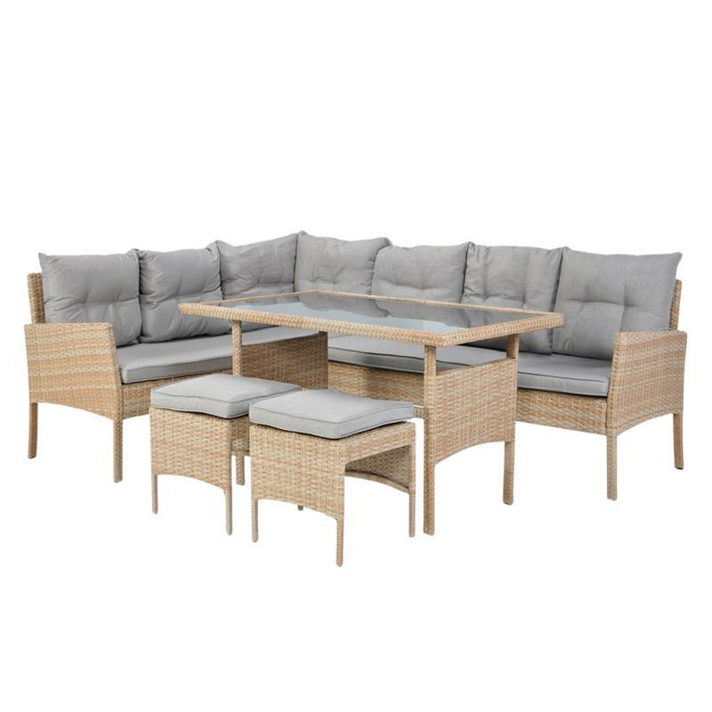 Set mobilier gradina/terasa, bej si gri, ratan sintetic, 1 masa, 2 canapele, 2 tabureti, Berno