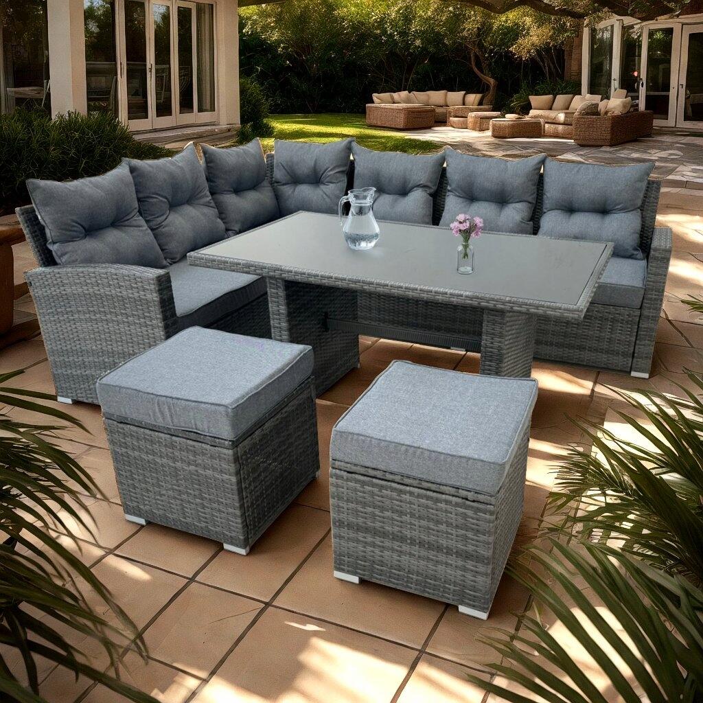 Set mobilier gradina/terasa, gri, ratan sintetic, 1 masa, 2 canapele, 2 tabureti, Lauren