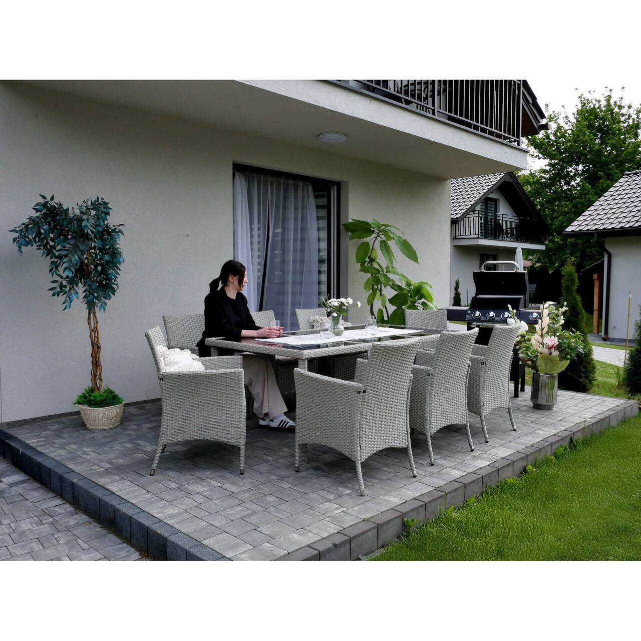 Set mobilier gradina/terasa, gri, ratan sintetic, 1 masa, 8 fotolii, Locarno