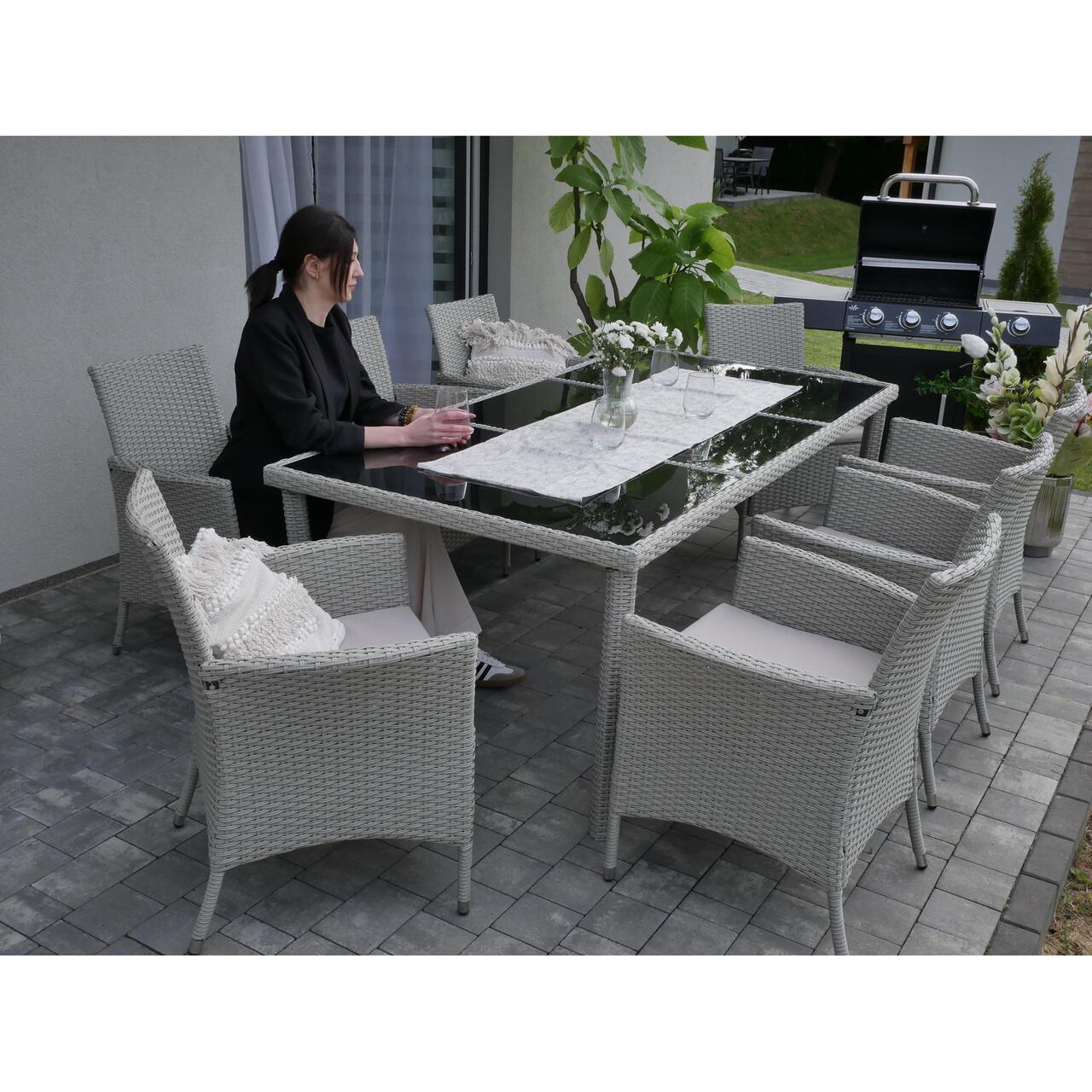 Set mobilier gradina/terasa, gri, ratan sintetic, 1 masa, 8 fotolii, Locarno