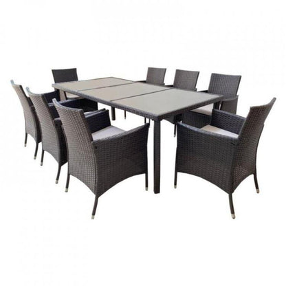 Set mobilier gradina/terasa, maro inchis si bej, ratan sintetic, 1 masa, 8 fotolii, Brian