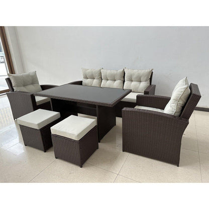 Set mobilier gradina/terasa, maro si bej, ratan sintetic, 1 masa, 2 scaune, 2 tabureti, 1 canapea, Dolores