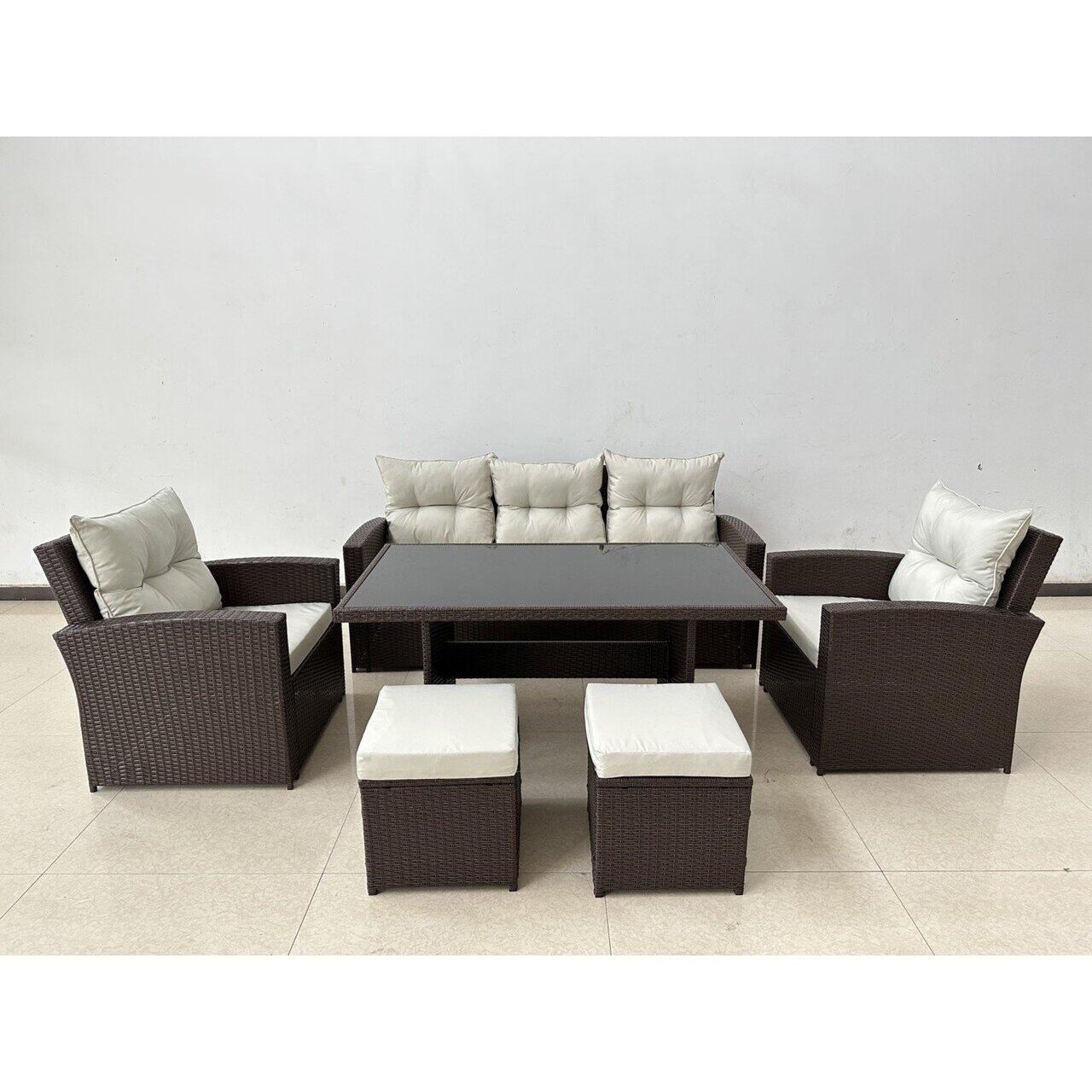 Set mobilier gradina/terasa, maro si bej, ratan sintetic, 1 masa, 2 scaune, 2 tabureti, 1 canapea, Dolores