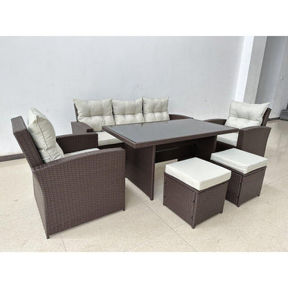 Set mobilier gradina/terasa, maro si bej, ratan sintetic, 1 masa, 2 scaune, 2 tabureti, 1 canapea, Dolores