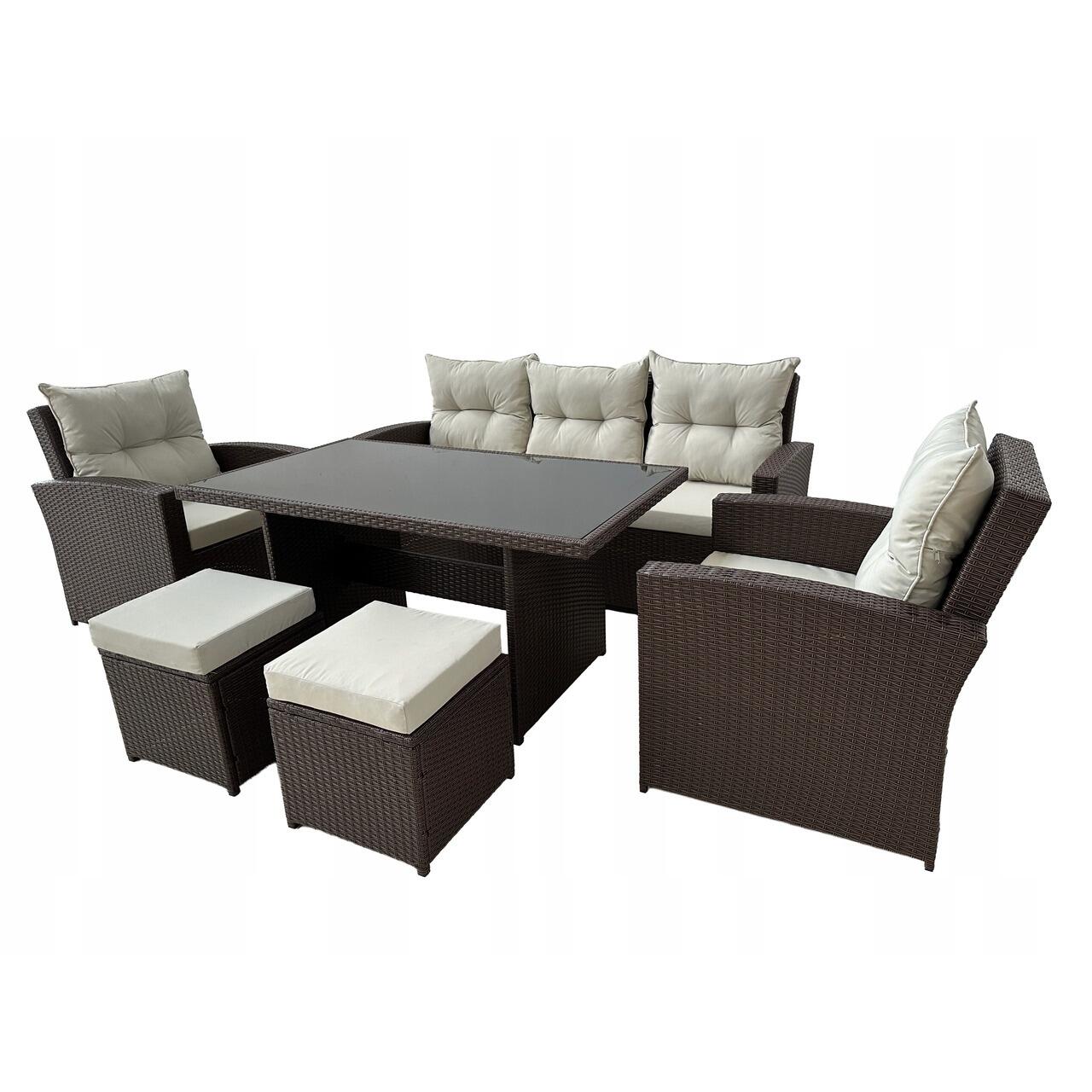 Set mobilier gradina/terasa, maro si bej, ratan sintetic, 1 masa, 2 scaune, 2 tabureti, 1 canapea, Dolores