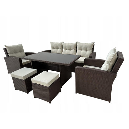 Set mobilier gradina/terasa, maro si bej, ratan sintetic, 1 masa, 2 scaune, 2 tabureti, 1 canapea, Dolores