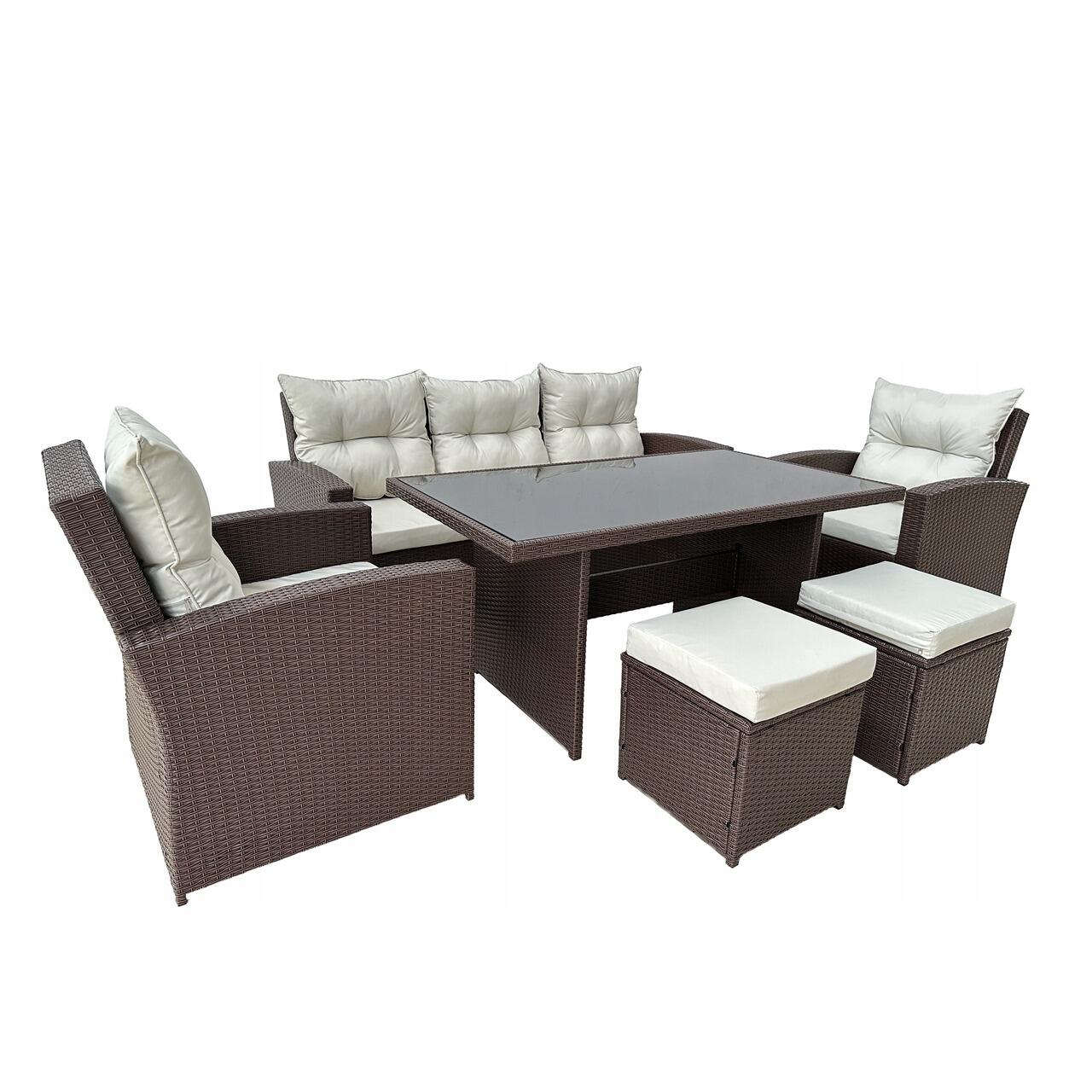 Set mobilier gradina/terasa, maro si bej, ratan sintetic, 1 masa, 2 scaune, 2 tabureti, 1 canapea, Dolores
