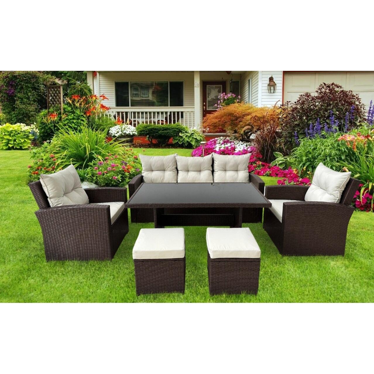 Set mobilier gradina/terasa, maro si bej, ratan sintetic, 1 masa, 2 scaune, 2 tabureti, 1 canapea, Dolores