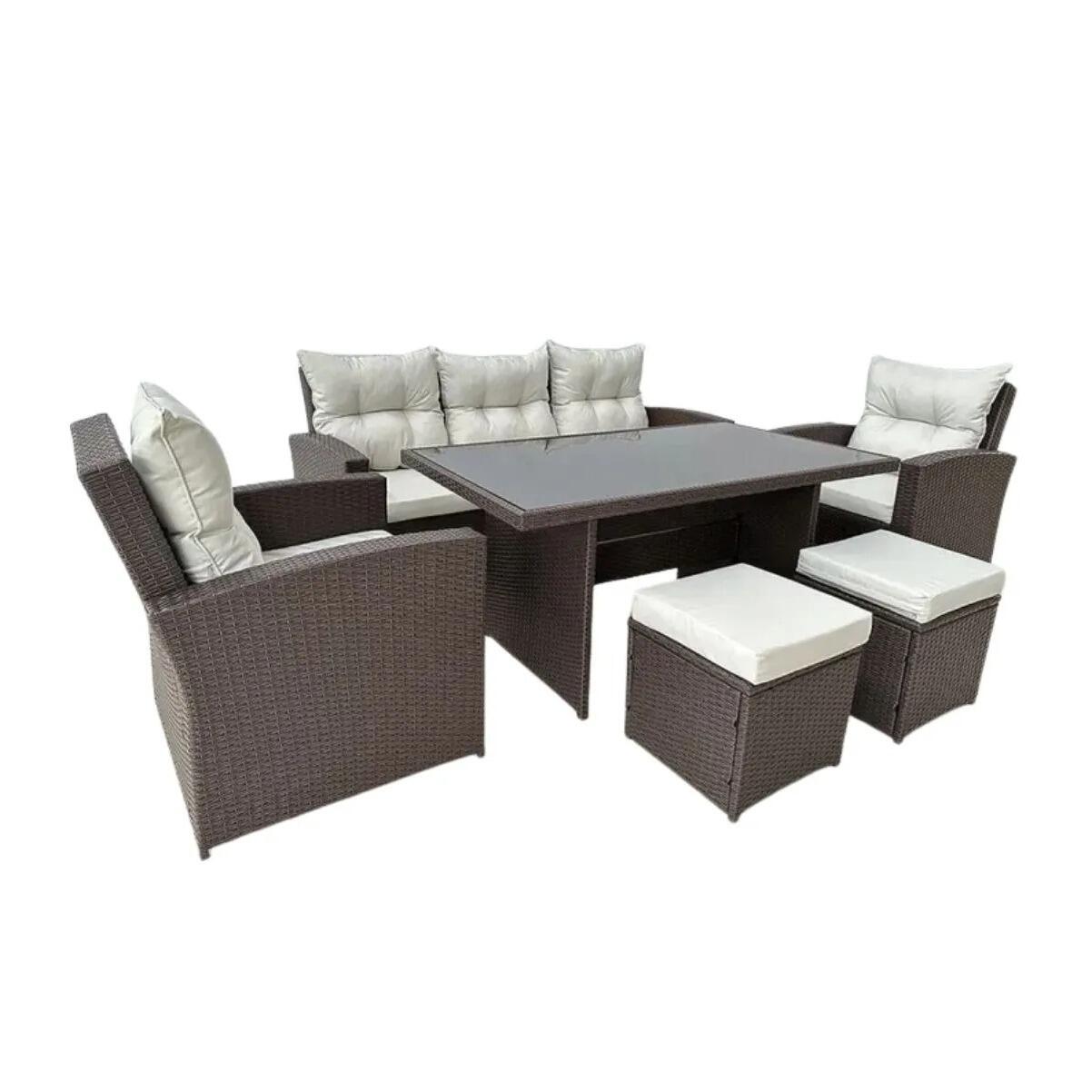 Set mobilier gradina/terasa, maro si bej, ratan sintetic, 1 masa, 2 scaune, 2 tabureti, 1 canapea, Dolores