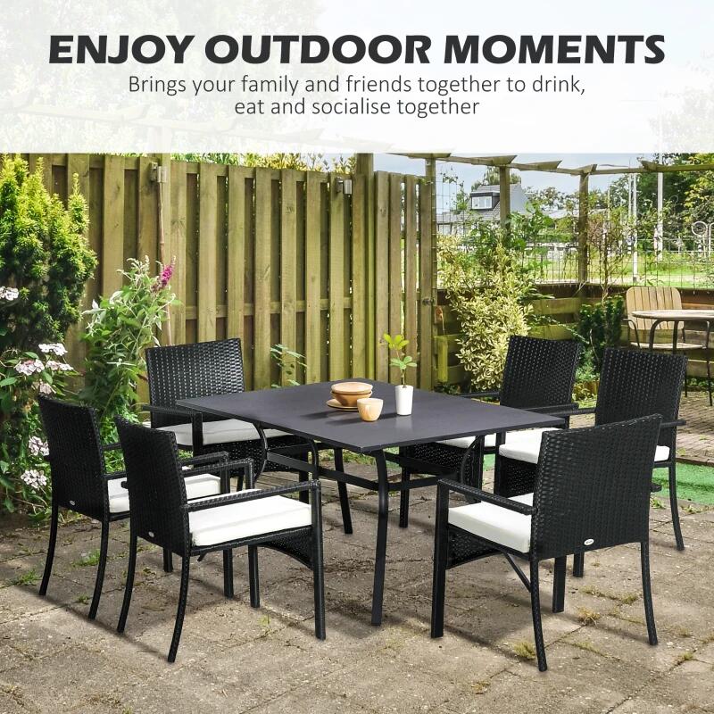 Set mobilier gradina/terasa, negru si bej, ratan sintetic, 1 masa, 6 scaune, Lynna