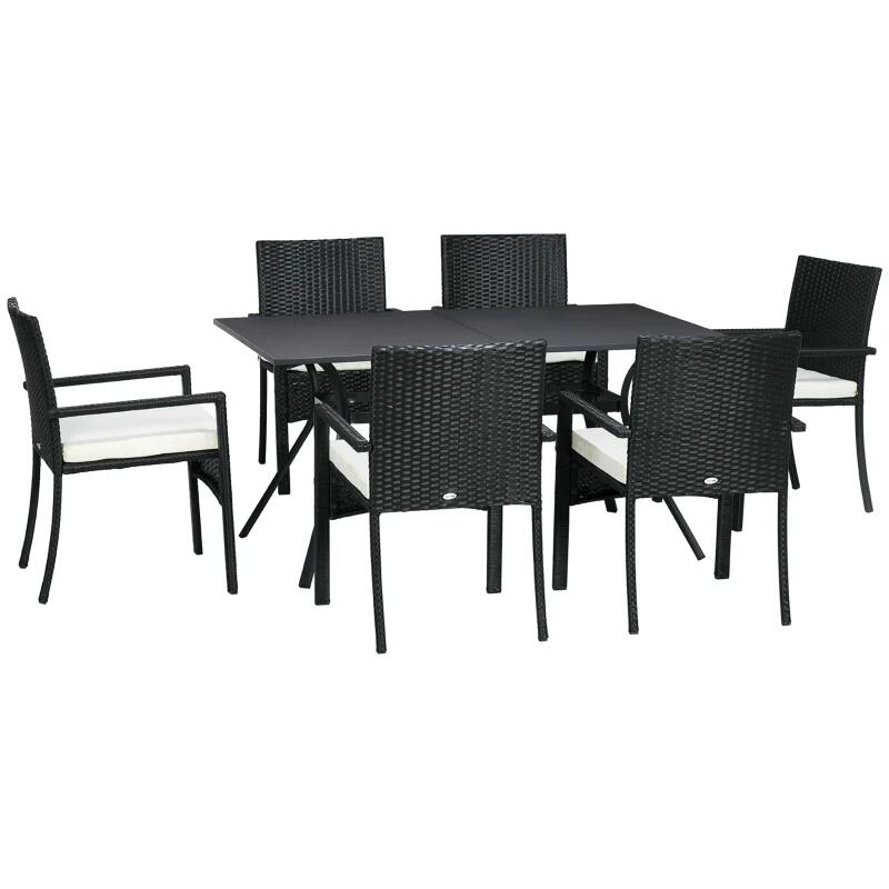 Set mobilier gradina/terasa, negru si bej, ratan sintetic, 1 masa, 6 scaune, Lynna