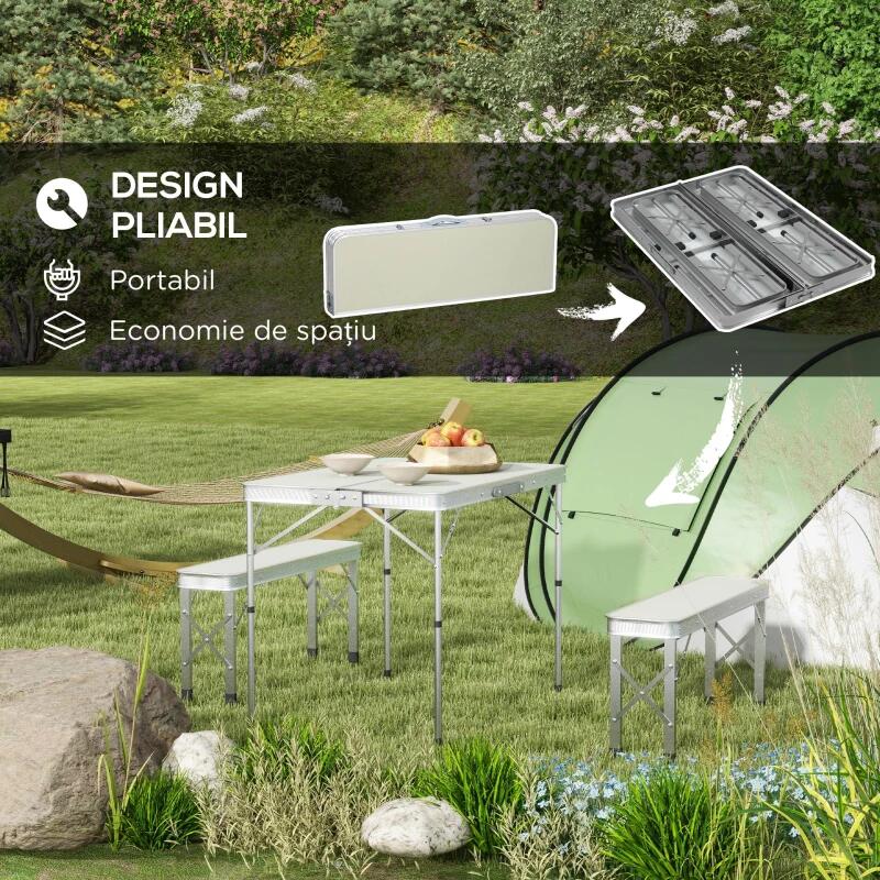 Set mobilier gradina/camping, pliabil, 1 masa, 2 banci, MDF si aluminiu, alb, 90 cm, Frankfurt