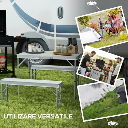 Set mobilier gradina/camping, pliabil, 1 masa, 2 banci, MDF si aluminiu, alb, 90 cm, Frankfurt