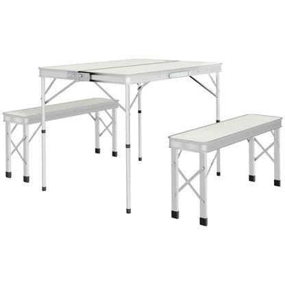 Set mobilier gradina/camping, pliabil, 1 masa, 2 banci, MDF si aluminiu, alb, 90 cm, Frankfurt
