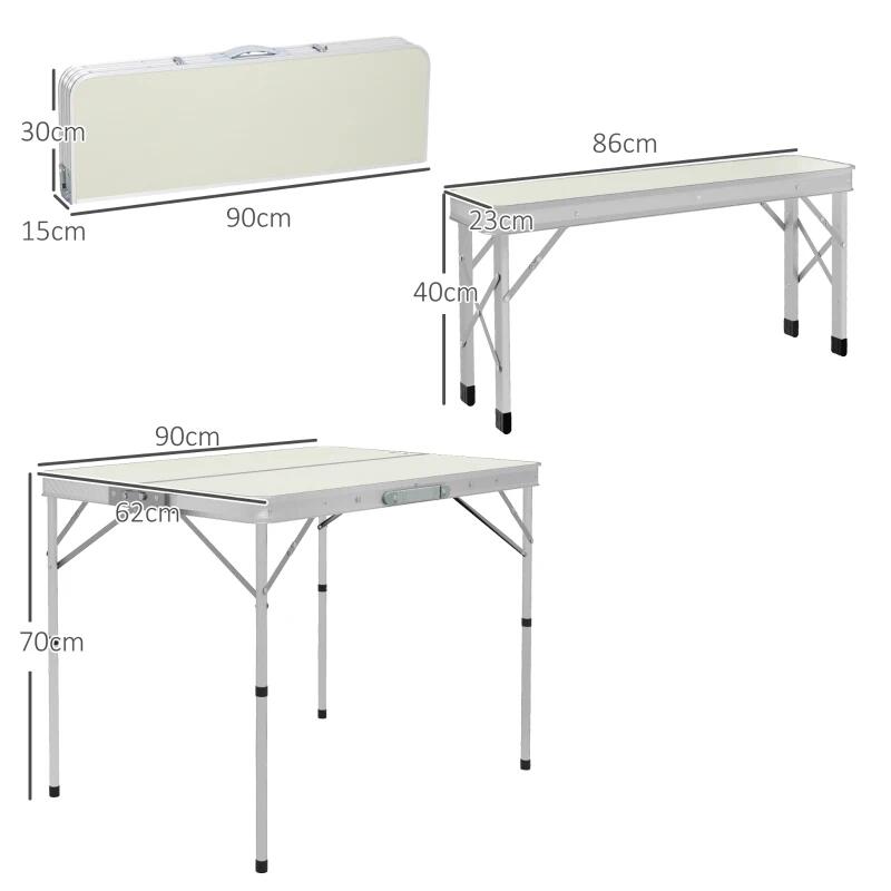 Set mobilier gradina/camping, pliabil, 1 masa, 2 banci, MDF si aluminiu, alb, 90 cm, Frankfurt