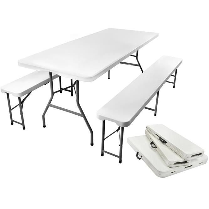 Set mobilier gradina/terasa, pliabil, 1 masa, 2 banci, alb, 180x74x74 cm/180x30x45 cm, Malatec