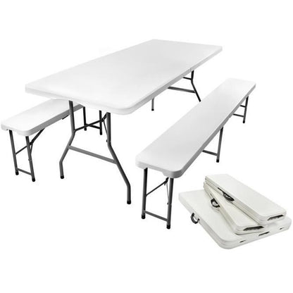 Set mobilier gradina/terasa, pliabil, 1 masa, 2 banci, alb, 180x74x74 cm/180x30x45 cm, Malatec