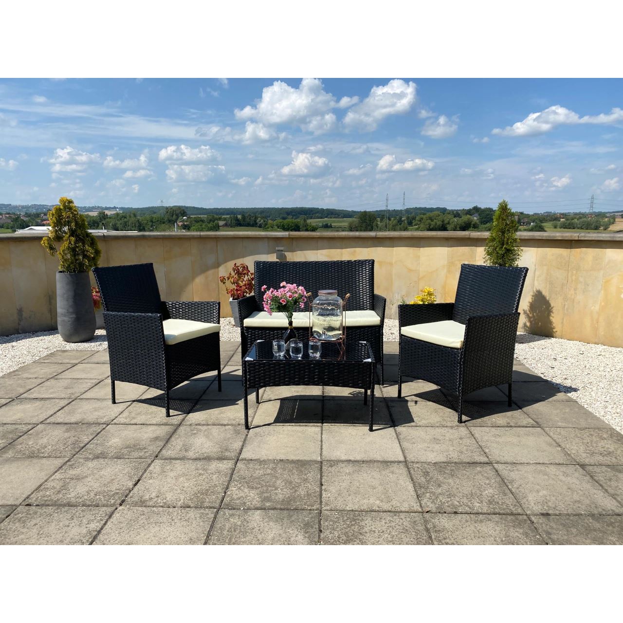 Set mobilier gradina/terasa, poliratan, negru cu perne bej, 1 masa, 2 fotolii, 1 canapea, Medi