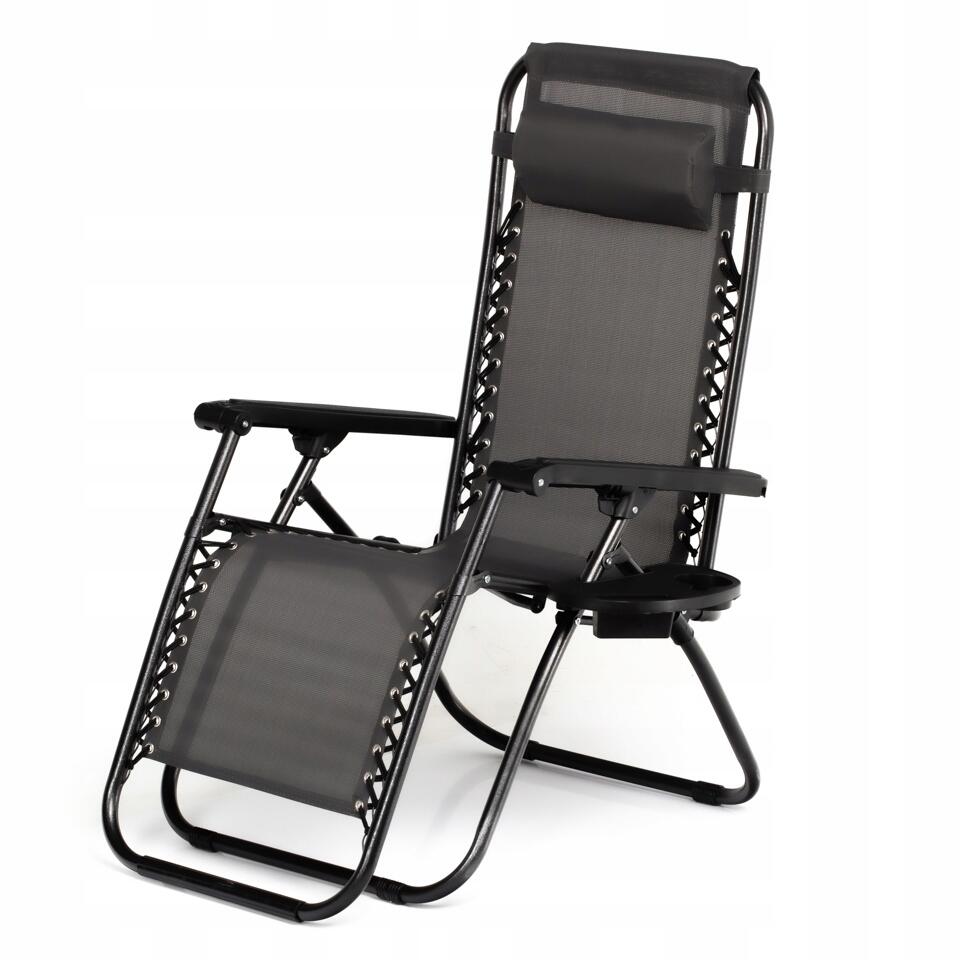 Sezlong pentru gradina, metalic, pliabil, cu perna, suport telefon, pahar/sticla, gri si negru, max 120 kg, 176x65x106 cm, Chomik