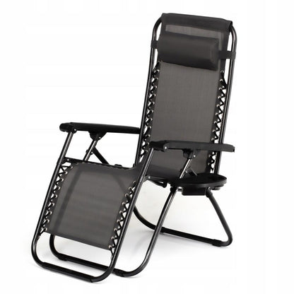 Sezlong pentru gradina, metalic, pliabil, cu perna, suport telefon, pahar/sticla, gri si negru, max 120 kg, 176x65x106 cm, Chomik
