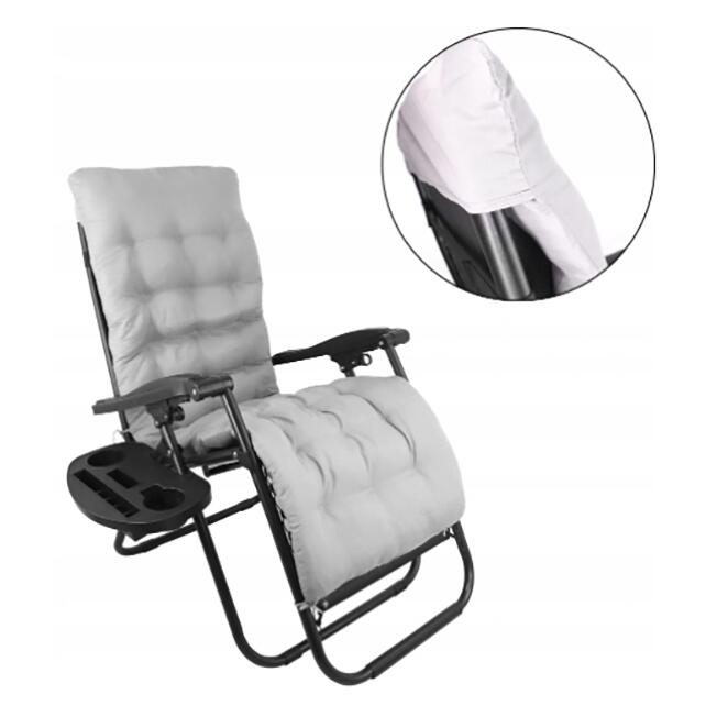 Sezlong pentru gradina, metalic, pliabil, cu perna, suport telefon, pahar/sticla, gri si negru, max 120 kg, 176x65x106 cm, Chomik