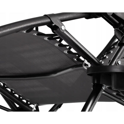 Sezlong pentru gradina, metalic, pliabil, cu perna, suport telefon, pahar/sticla, gri si negru, max 120 kg, 176x65x106 cm, Chomik