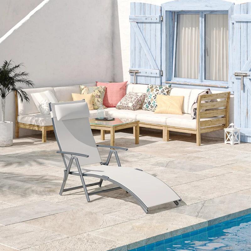Sezlong pentru gradina, metalic, pliabil, cu spatar reglabil, crem, max 165 kg, 177x66x108 cm