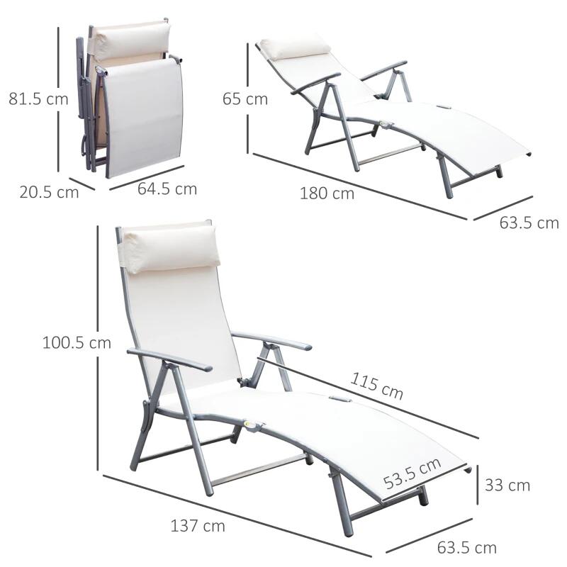 Sezlong pentru gradina, metalic, pliabil, cu spatar reglabil, crem, max 165 kg, 177x66x108 cm