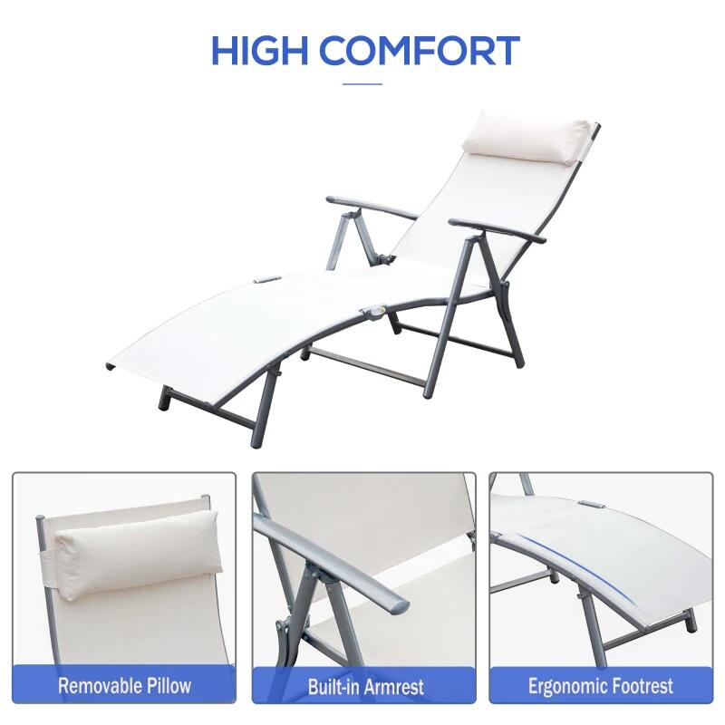 Sezlong pentru gradina, metalic, pliabil, cu spatar reglabil, crem, max 165 kg, 177x66x108 cm