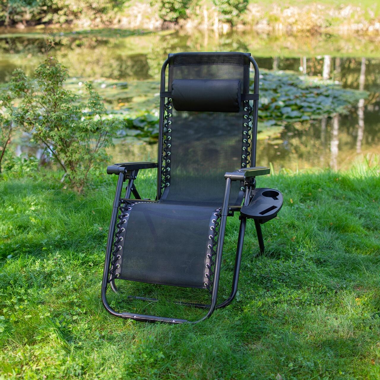Sezlong pentru gradina, metalic, pliabil, negru, max 120 kg, 188x64x107 cm, Jumi