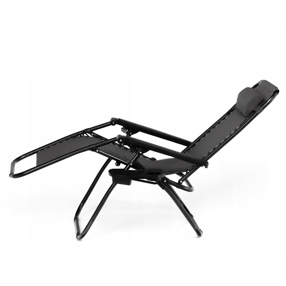 Sezlong pentru gradina, metalic, reglabil, cu suport pentru bauturi, max 120 kg, negru, 176x80 cm