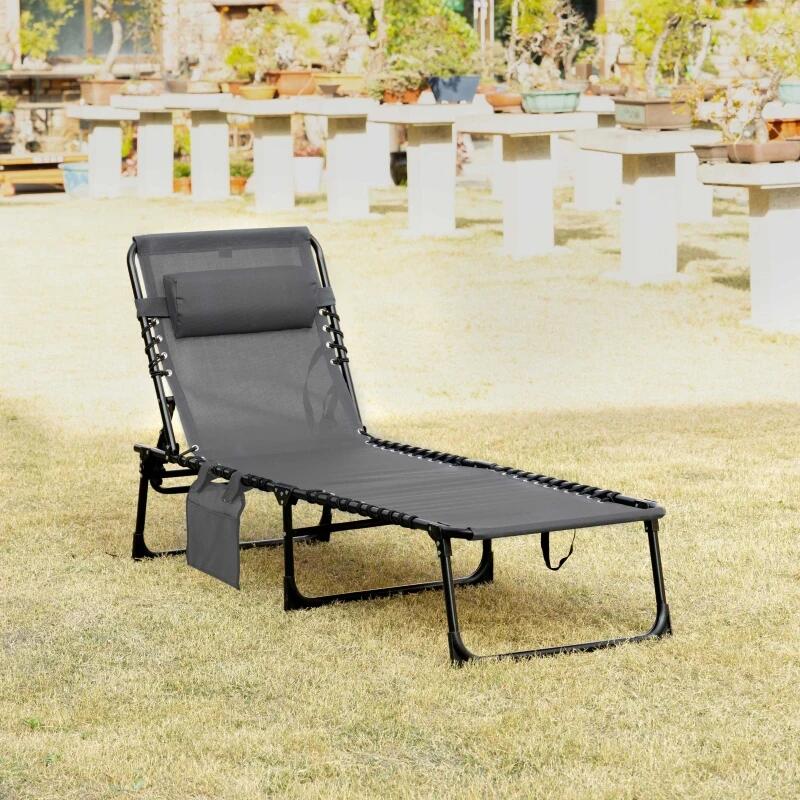 Sezlong pentru gradina, metalic, reglabil, cu tetiera, buzunar lateral, gri, 185x58x30 cm, Chan