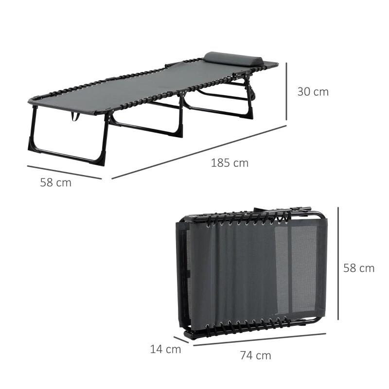 Sezlong pentru gradina, metalic, reglabil, cu tetiera, buzunar lateral, gri, 185x58x30 cm, Chan