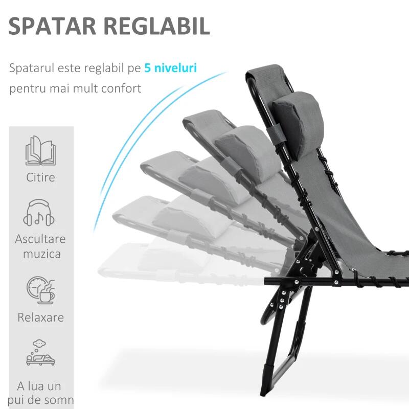 Sezlong pentru gradina, metalic, reglabil, cu tetiera, buzunar lateral, gri, 185x58x30 cm, Chan