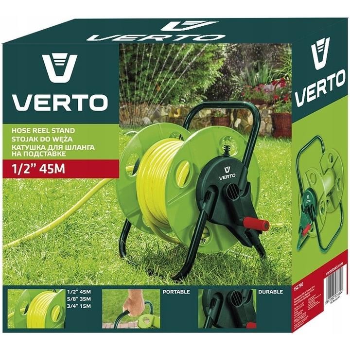 Tambur, rola, pentru furtun gradina, 1/2"-45 m, 3/4"-15 m, Verto