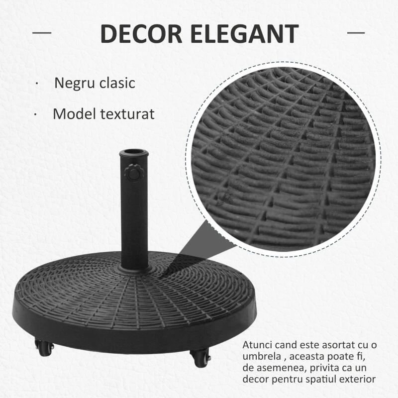 Suport pentru umbrela 38-48 mm, cu roti, rotund, HDPE, imitatie ratan, negru, 52x41 cm