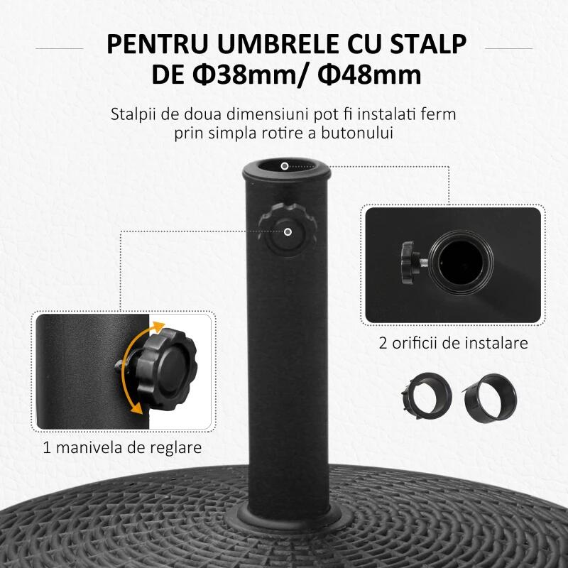 Suport pentru umbrela 38-48 mm, cu roti, rotund, HDPE, imitatie ratan, negru, 52x41 cm