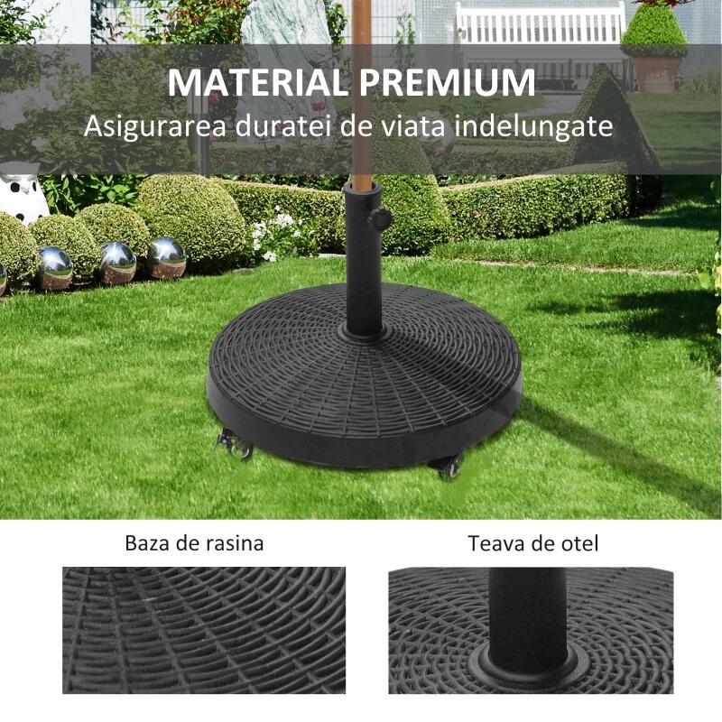 Suport pentru umbrela 38-48 mm, cu roti, rotund, HDPE, imitatie ratan, negru, 52x41 cm