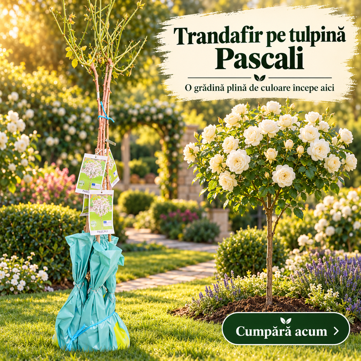 Trandafir Pomișor Pascali – Alb, Altoit pe Tulpină, cu Coroană de Flori
