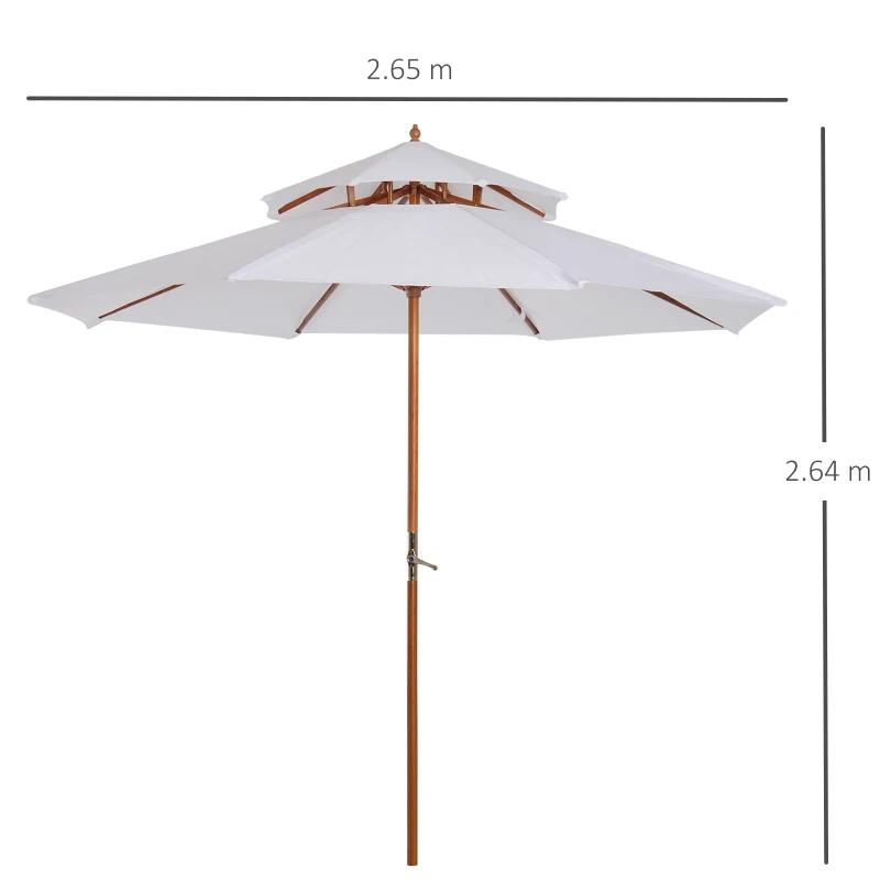Umbrela gradina/terasa, acoperis dublu pentru ventilatie, stalp lemn, alb, 265 cm