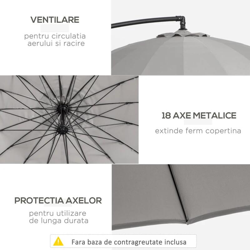 Umbrela gradina/terasa, articulatie tip banana, cu manivela, gri, 296 cm
