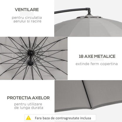Umbrela gradina/terasa, articulatie tip banana, cu manivela, gri, 296 cm